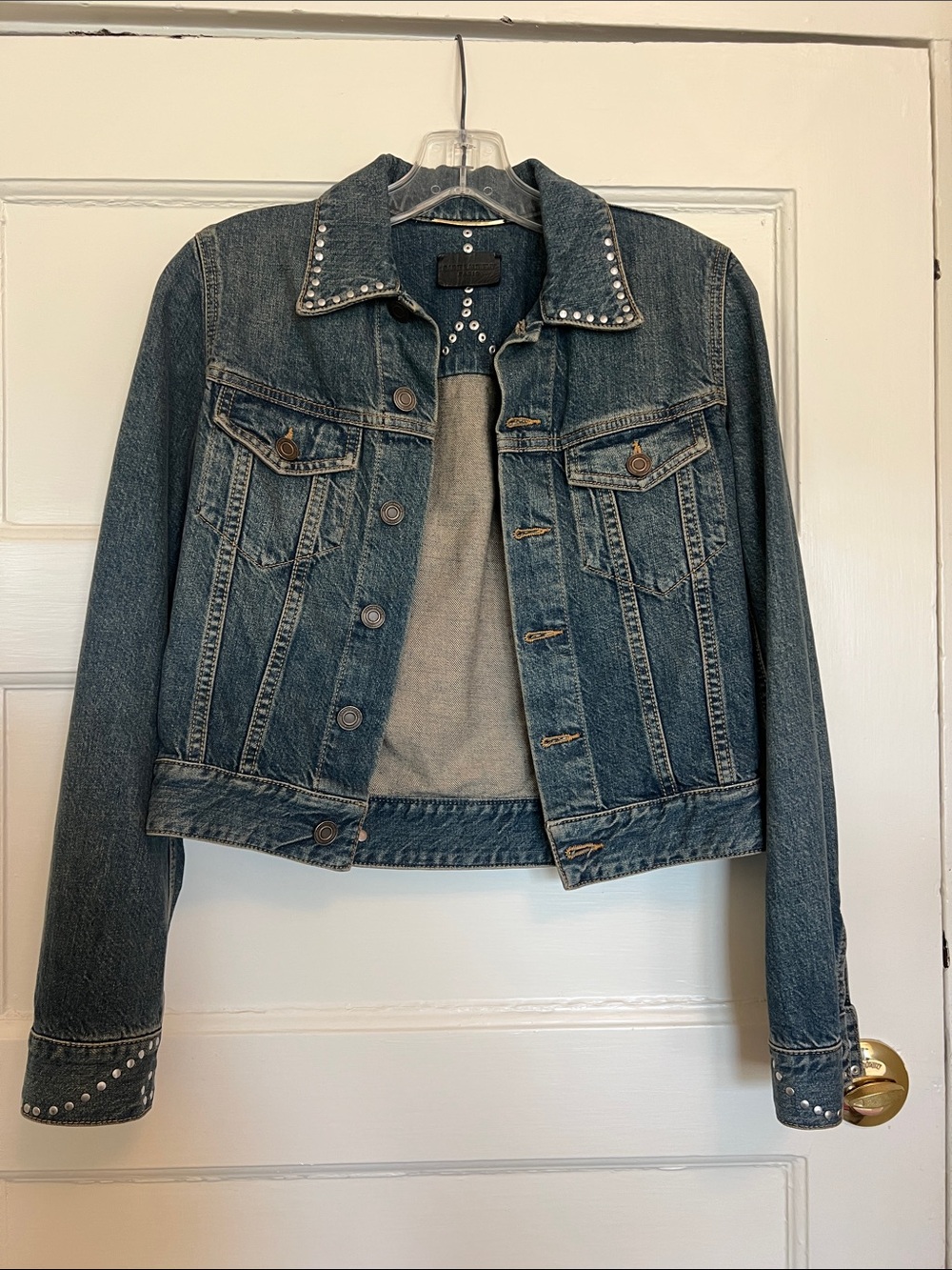 Saint Laurent Blue Denim Jacket with Black Leather Logo Patch